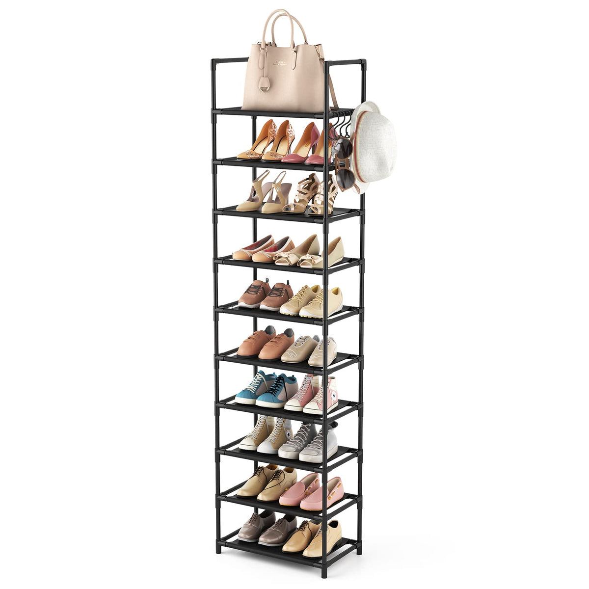 LANTEFUL 10-tier tall shoe rack front view showing spacious entryway organization and footwear.