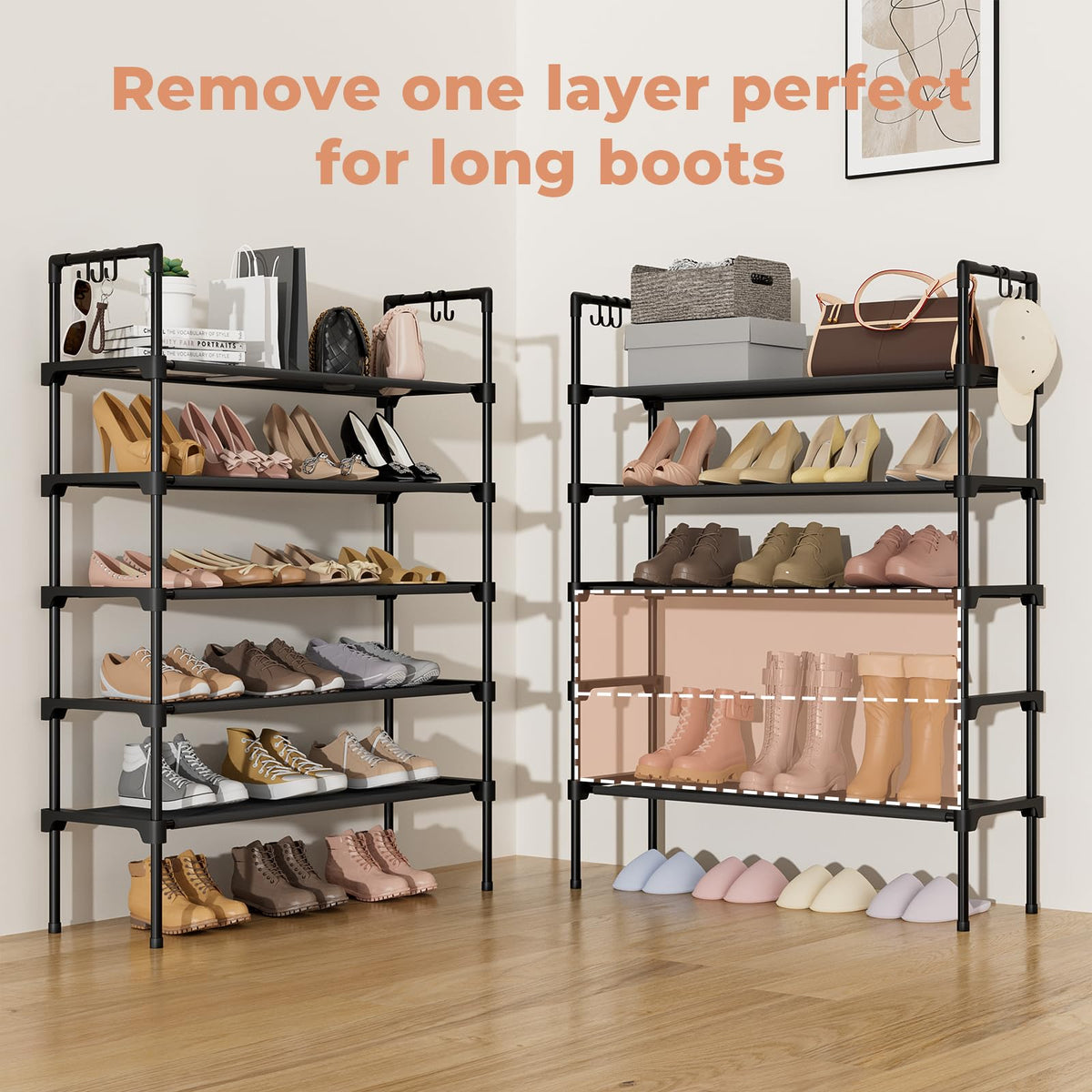 LANTEFUL shoe rack in entryway with hats and bags on hooks.