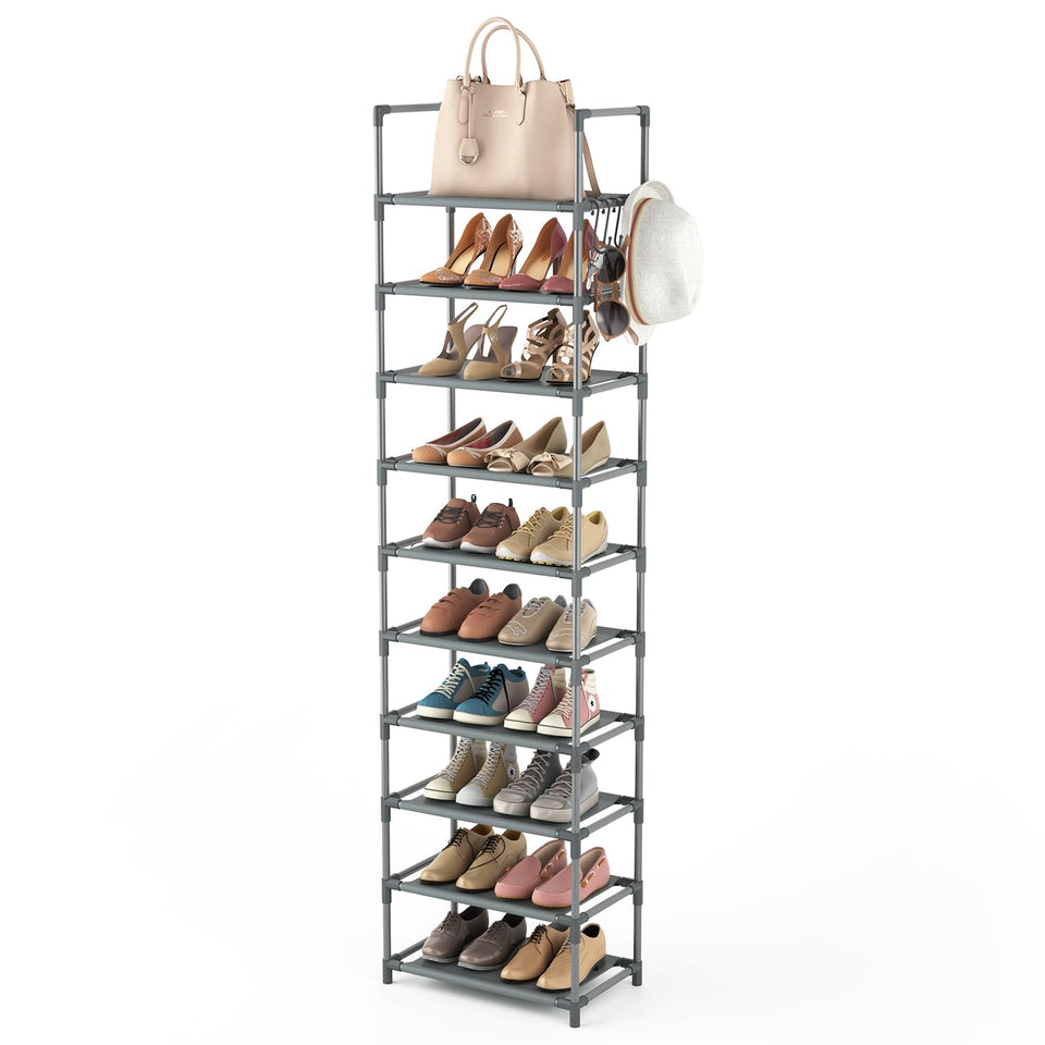 LANTEFUL 10-tier shoe rack front view showing slim footprint for small spaces.