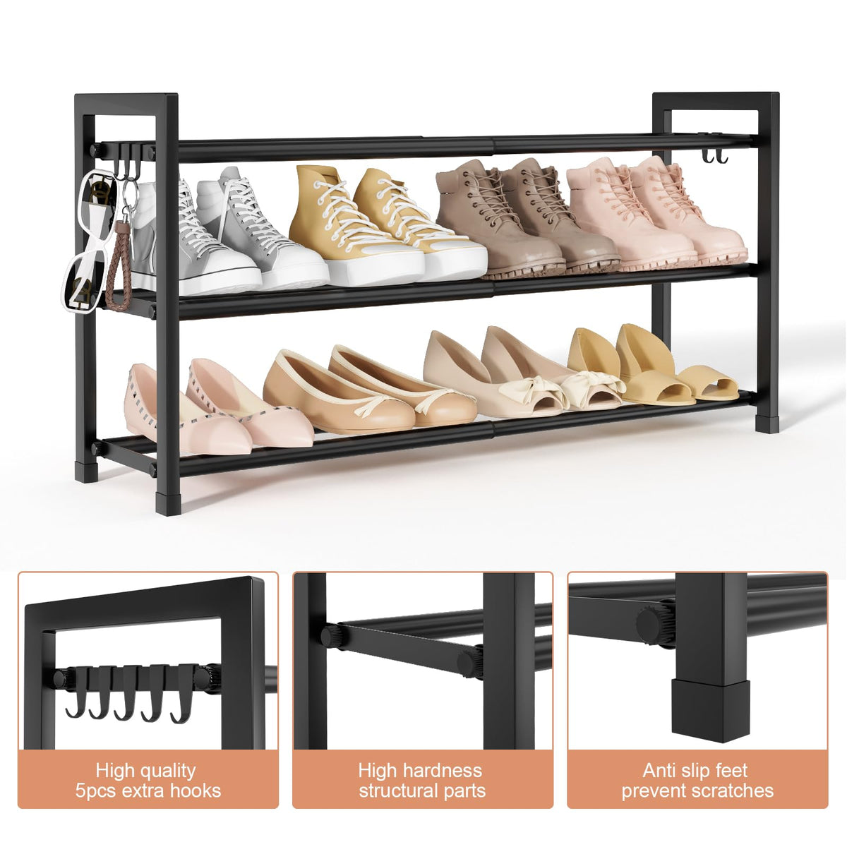 LANTEFUL 3-tier organizer with sturdy metal frame supports heavier shoes.