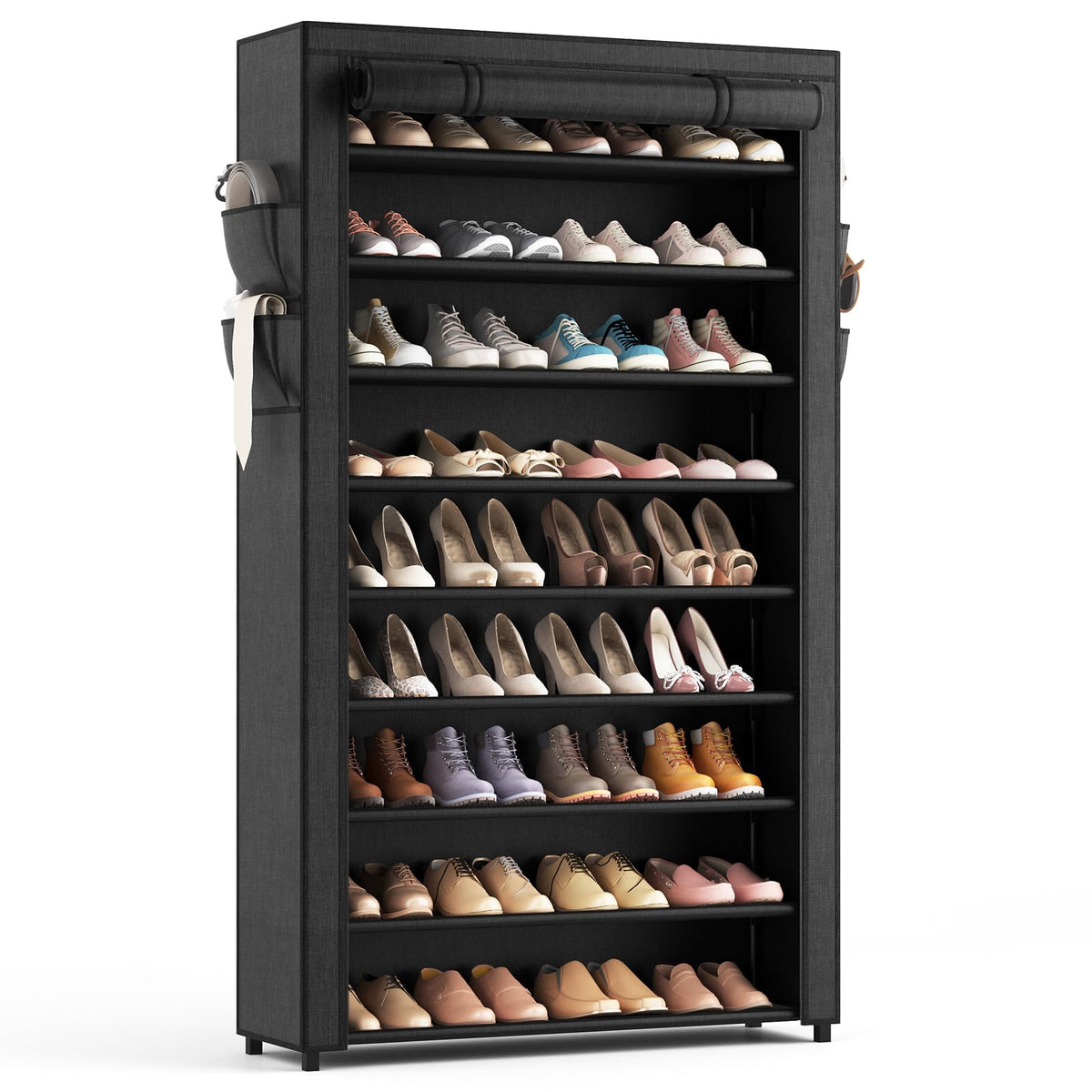 LANTEFUL 10-tier shoe rack with covers front view showing full capacity and structure