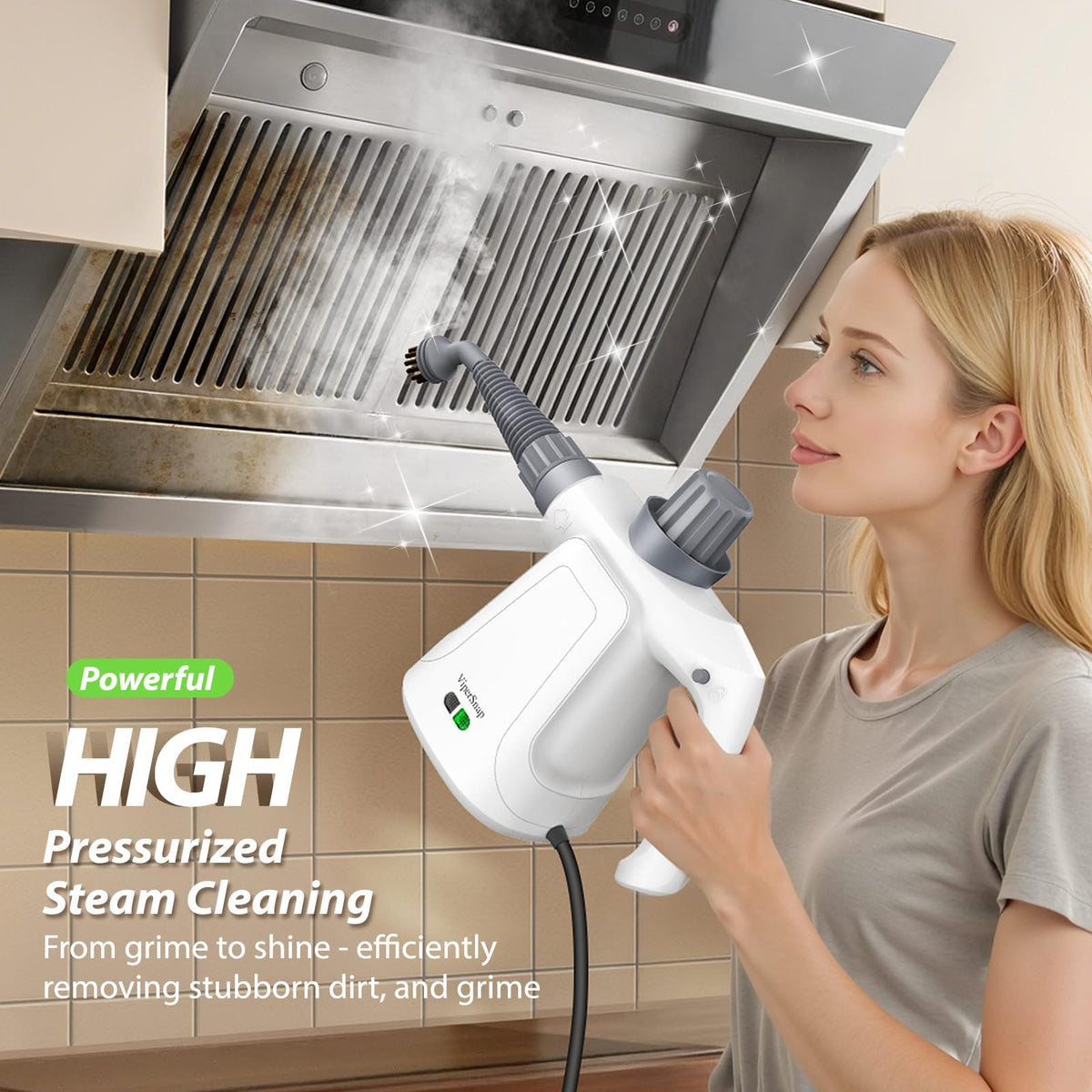 LaoTzi 1300W performance image emphasizes powerful steam for tough messes.