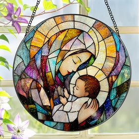 LAOWEIKI Baby Jesus Mary suncatcher in stained glass brightens sunny windows
