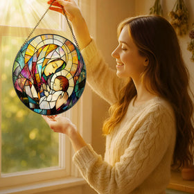 LAOWEIKI stained glass suncatcher with black frame adds graceful color to windows