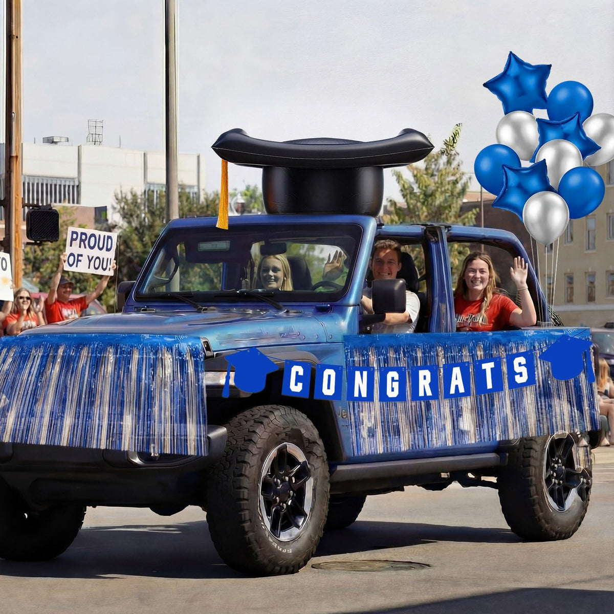 LaRandom tassel banner elevates the graduation theme on the vehicle