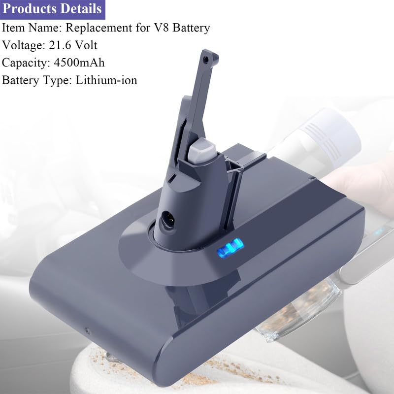 Lasica V8 battery compatibility with Dyson V8 simplifies replacement.