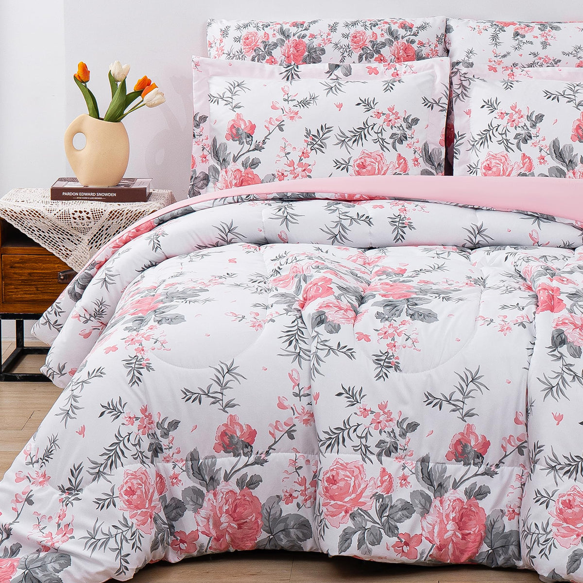 lasoftan Floral Queen comforter with pink flowers and grey leaves for a fresh bed focal point