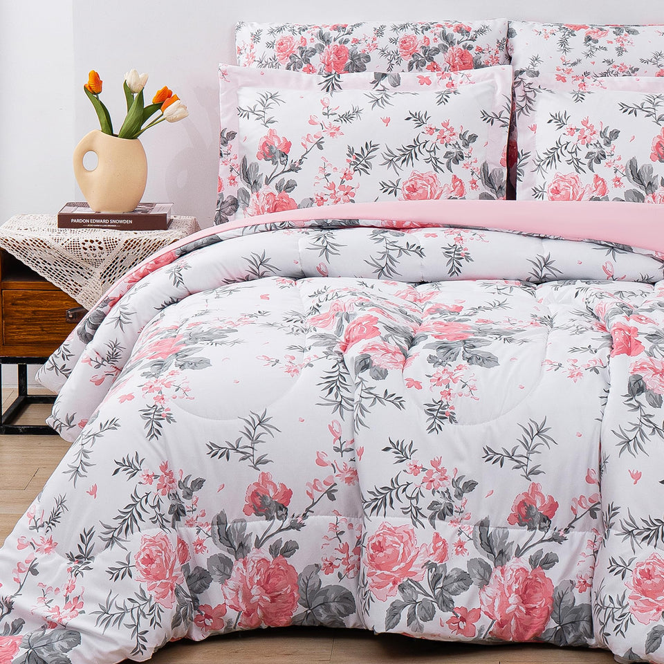 lasoftan Floral Queen comforter with pink flowers and grey leaves for a fresh bed focal point