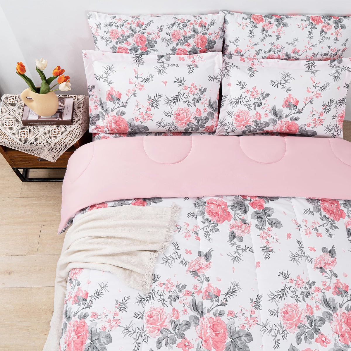 lasoftan Floral Queen pattern closeup shows pink blooms on grey leaves