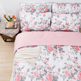 lasoftan Floral Queen pattern closeup shows pink blooms on grey leaves