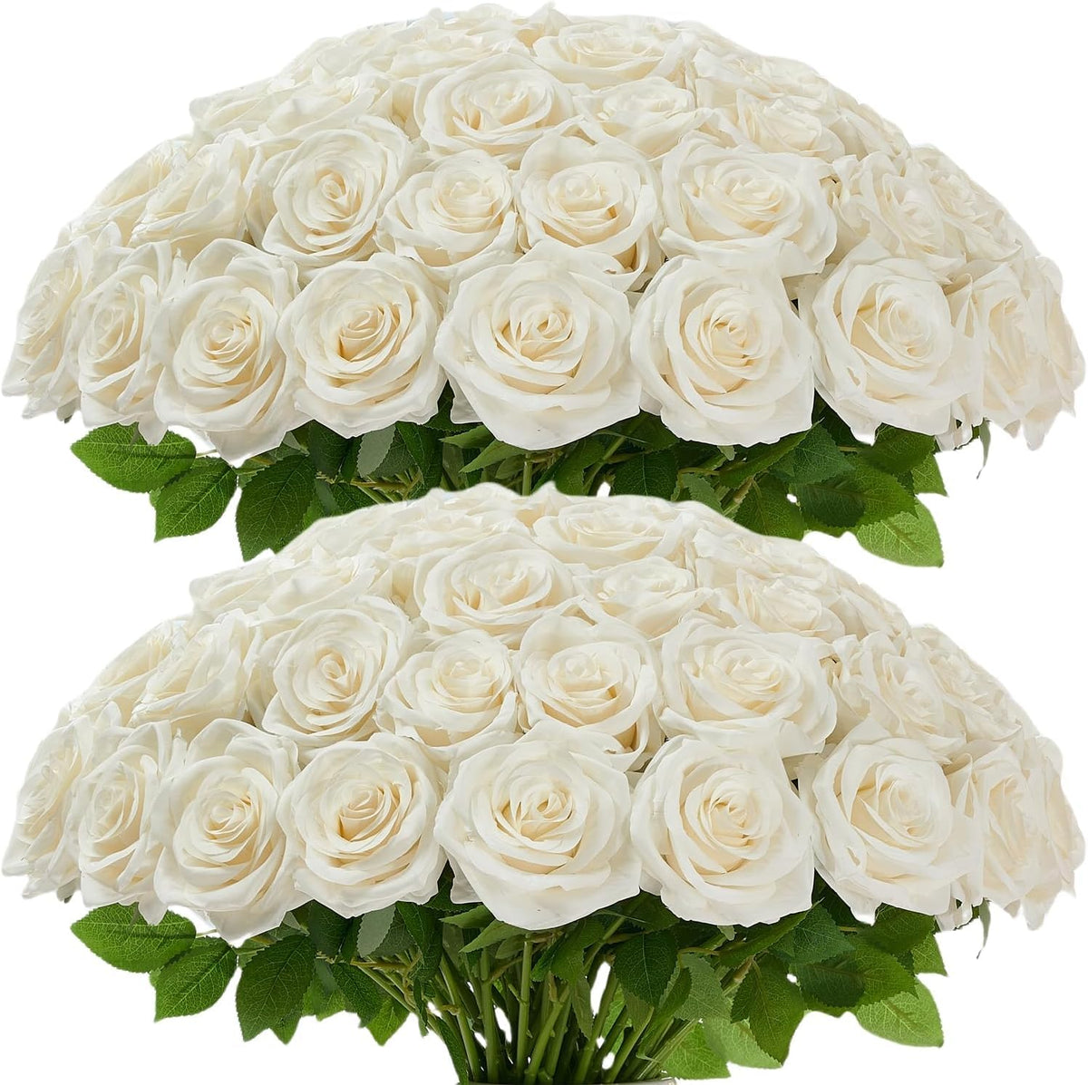 LATRORA 100-pack white artificial roses for wedding decor and DIY bouquets.