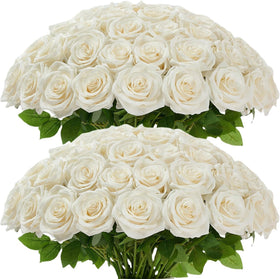 LATRORA 100-pack white artificial roses for wedding decor and DIY bouquets.