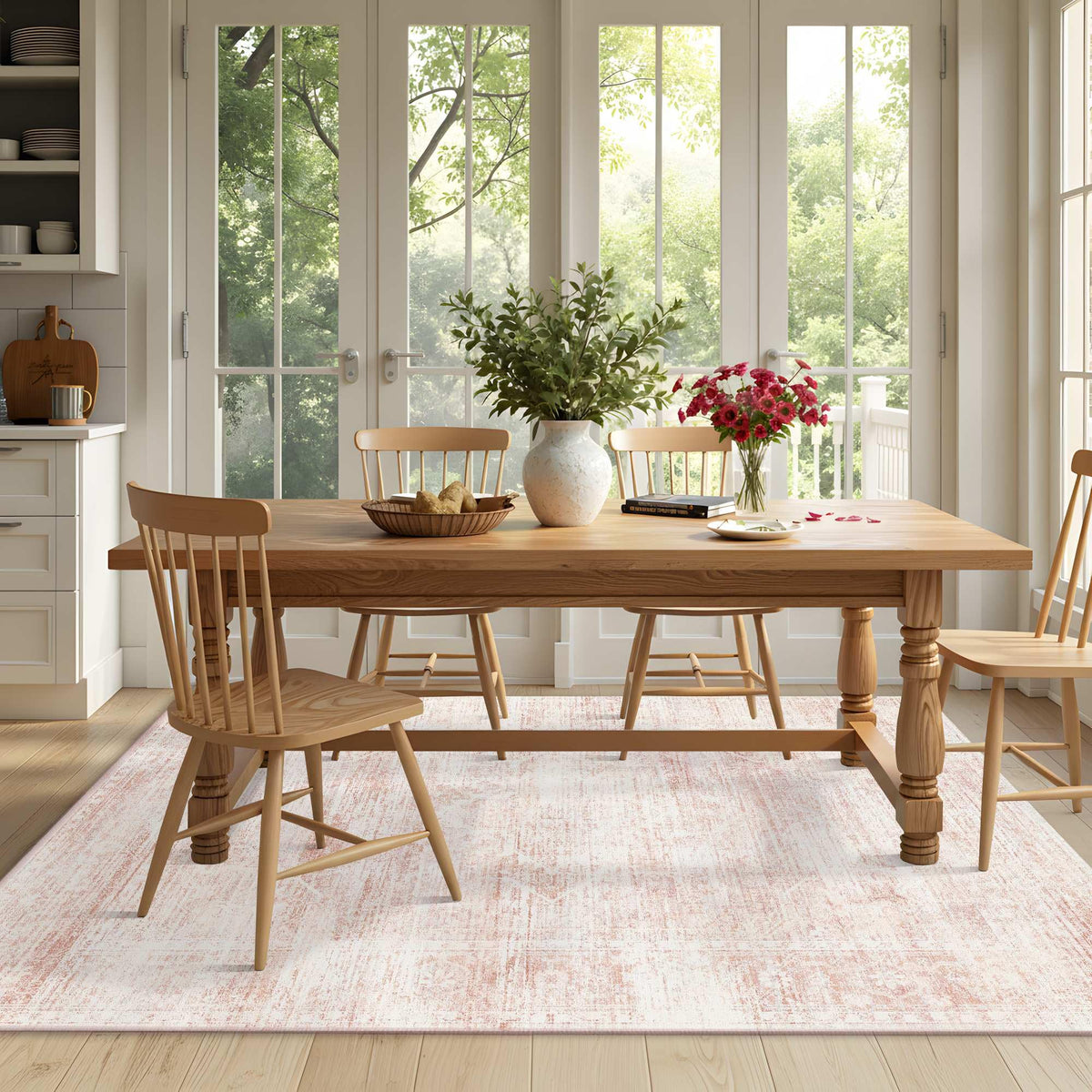 Latte&Fog low-pile 0.3 inch rug, lies flat and reduces tripping.