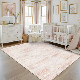 Latte&Fog washable pink rug 5x7, easy-care for kids' rooms.