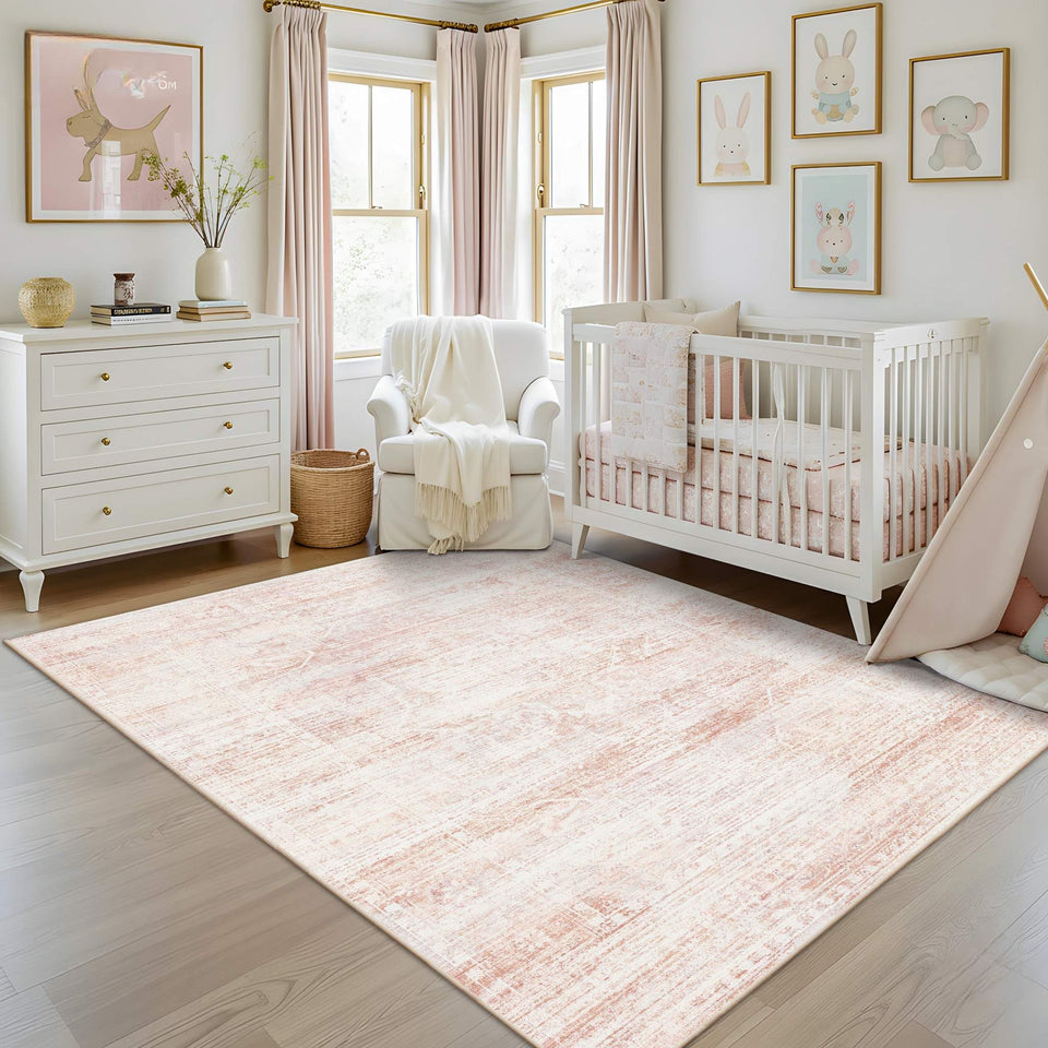 Latte&Fog washable pink rug 5x7, easy-care for kids' rooms.