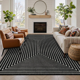 Latte&Fog Prussian Sea geometry line rug in a living room setting.