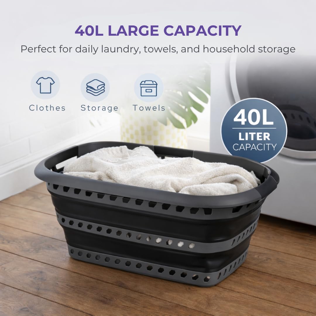 Laundry 360 collapsible basket showing three secure handles for easy transport.