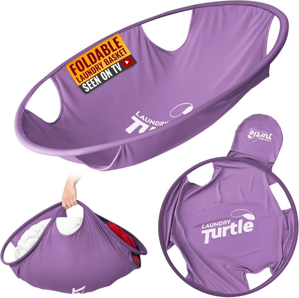 Laundry Turtle collapsible laundry basket in lavender for effortless washer-to-dryer transfer.
