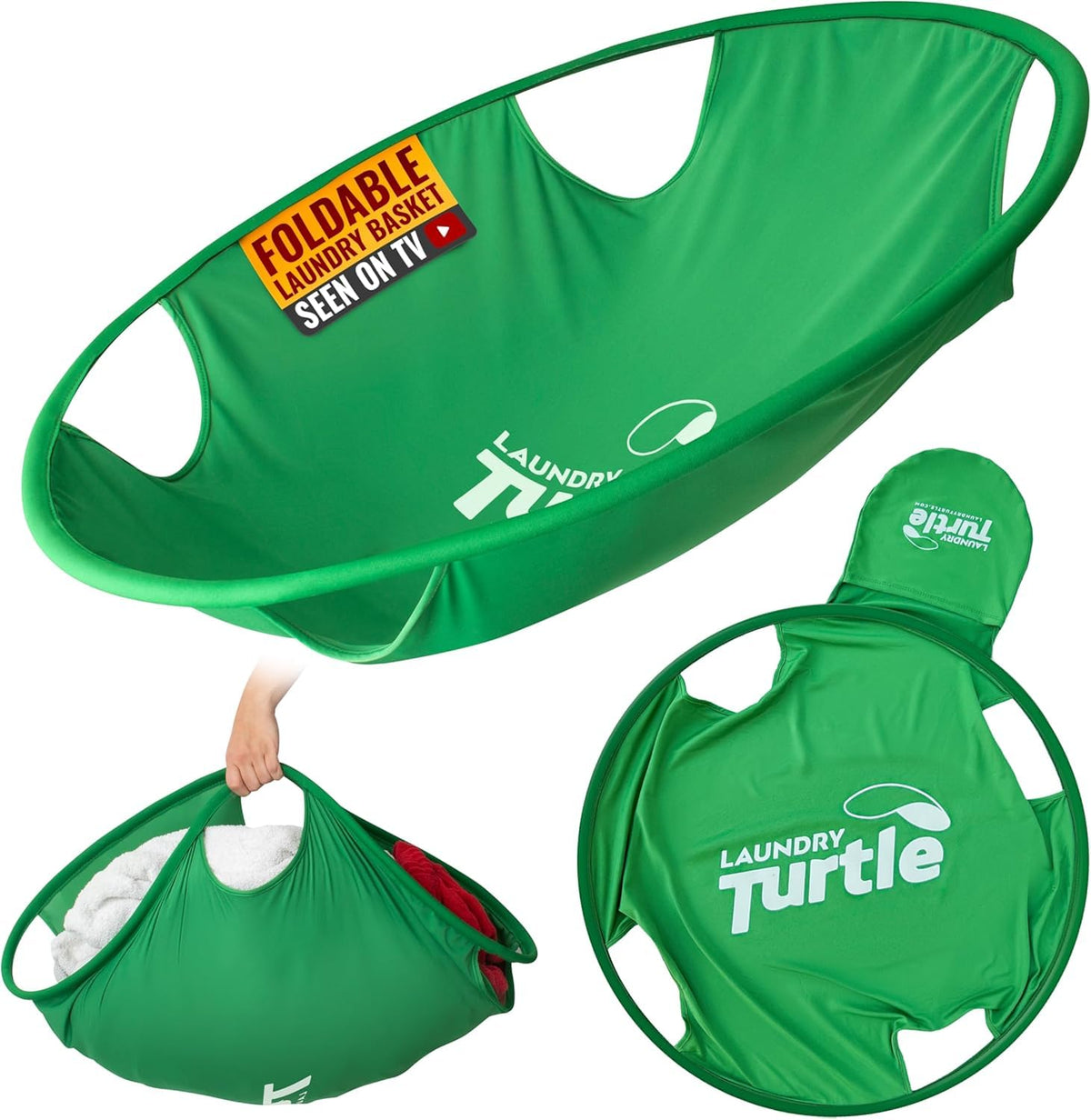 Laundry Turtle Large 26-inch collapsible basket in use for easy laundry transfer.