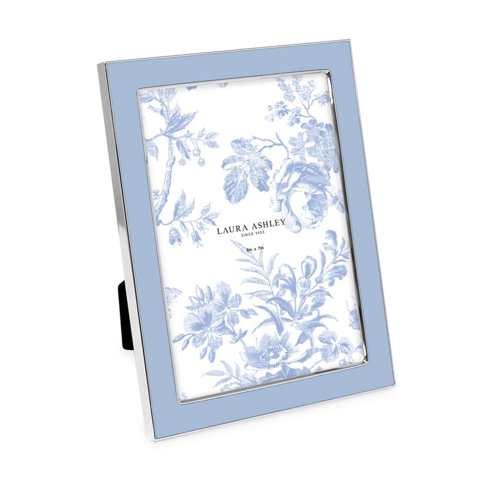 Laura Ashley 5x7 cashmere blue frame front view with silver edge for elegant tabletop display
