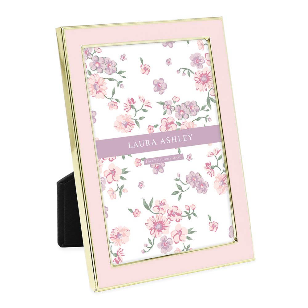 Laura Ashley 5x7 pink enamel frame with gold edge for elegant countertop display.