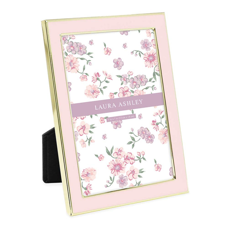 Laura Ashley 5x7 pink enamel frame with gold edge for elegant countertop display.