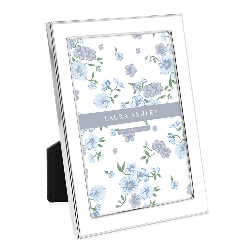 Laura Ashley 5x7 white enamel frame on display, crisp border for cherished photos.