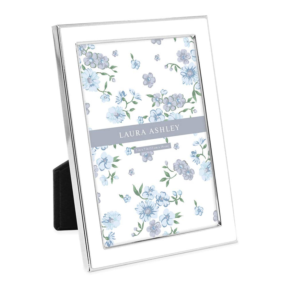 Laura Ashley 5x7 white enamel frame on display, crisp border for cherished photos.