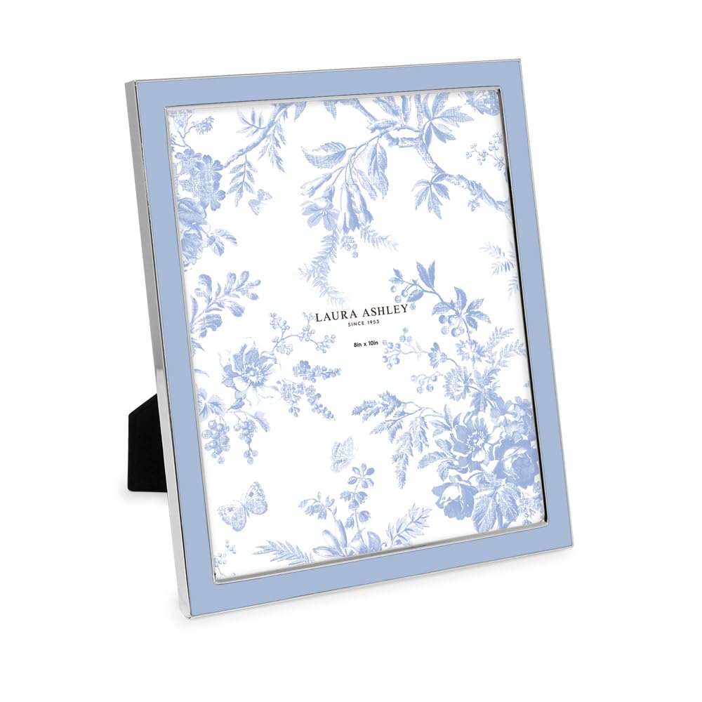 Laura Ashley 8x10 cashmere blue enamel frame with silver edge for tabletop display.