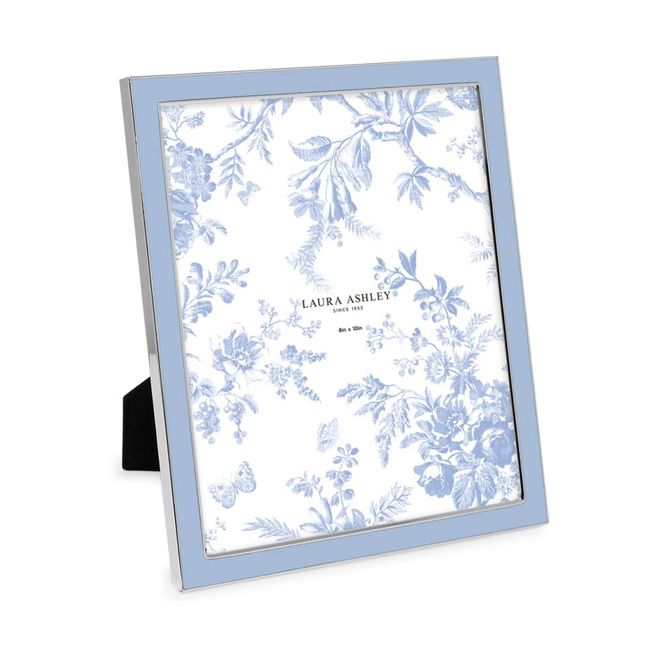 Laura Ashley 8x10 cashmere blue enamel frame with silver edge for tabletop display.