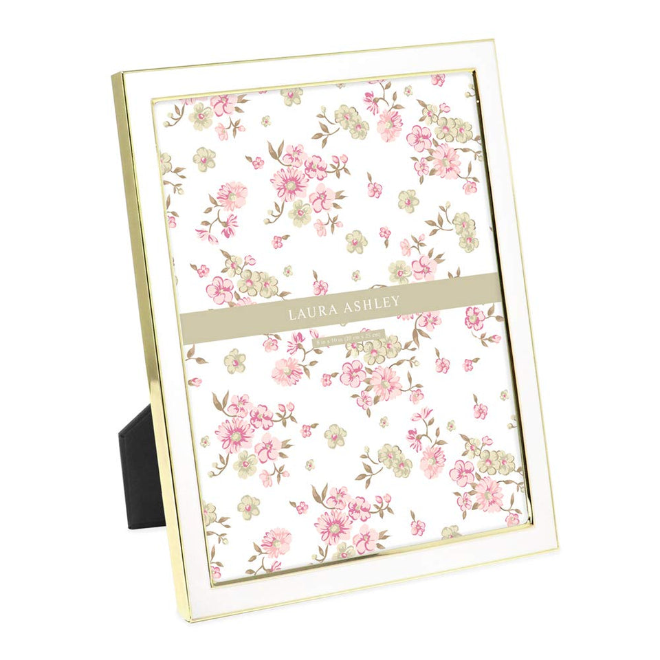 Laura Ashley 8x10 white enamel frame with gold edge on display