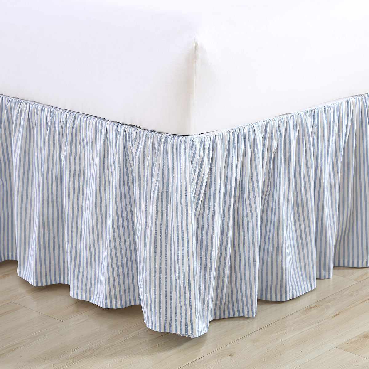 Laura Ashley bedskirt king blue pinstripe closeup shows soft cotton texture.