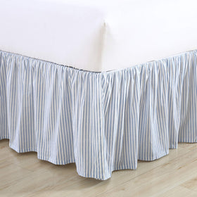 Laura Ashley bedskirt king blue pinstripe closeup shows soft cotton texture.