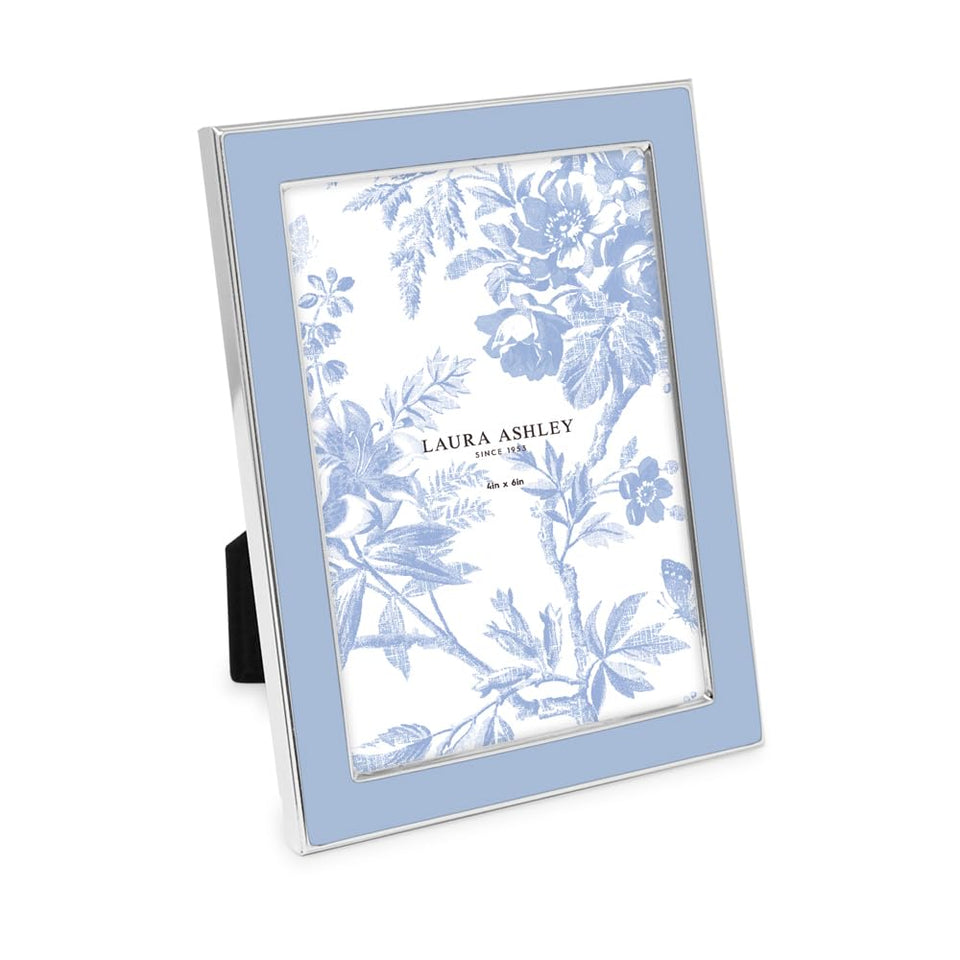 Laura Ashley cashmere blue enamel frame with a silver edge, ideal for tabletop display.