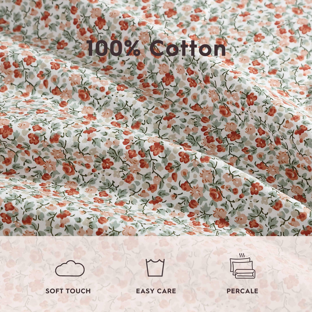Machine wash cold and tumble dry low care guidance for Emogene bedding