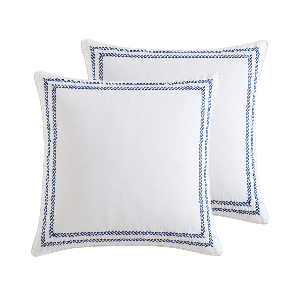 Laura Ashley Euro sham cover with white and deep blue vine border adds timeless bed styling
