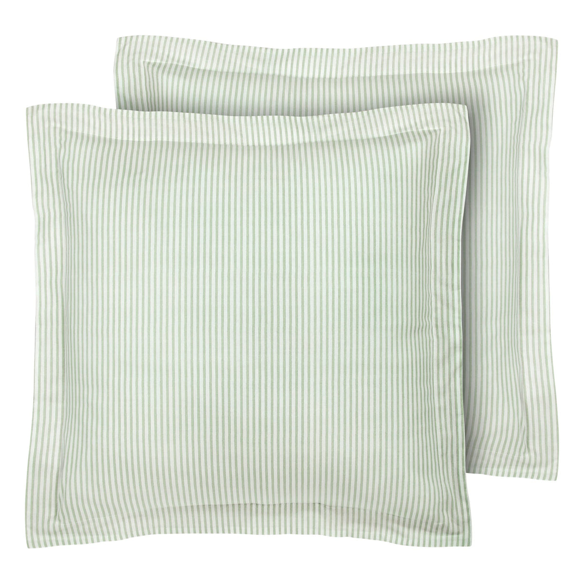 Laura Ashley euro sham in green ticking stripe on bed for timeless decorative layering.