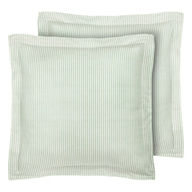 Laura Ashley euro sham in green ticking stripe on bed for timeless decorative layering.