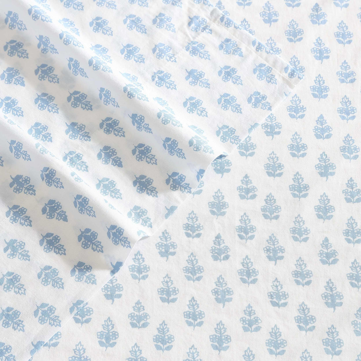 Laura Ashley Francesca Blue floral sheet set laid flat for full coverage.