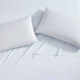 Close-up of Laura Ashley Ramona Blue pillowcase showing silky finish.