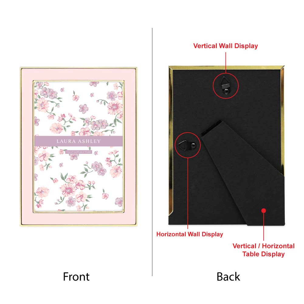 Laura Ashley pink enamel frame on easel showcases memories on desks or mantles.