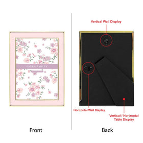 Laura Ashley pink enamel frame on easel showcases memories on desks or mantles.