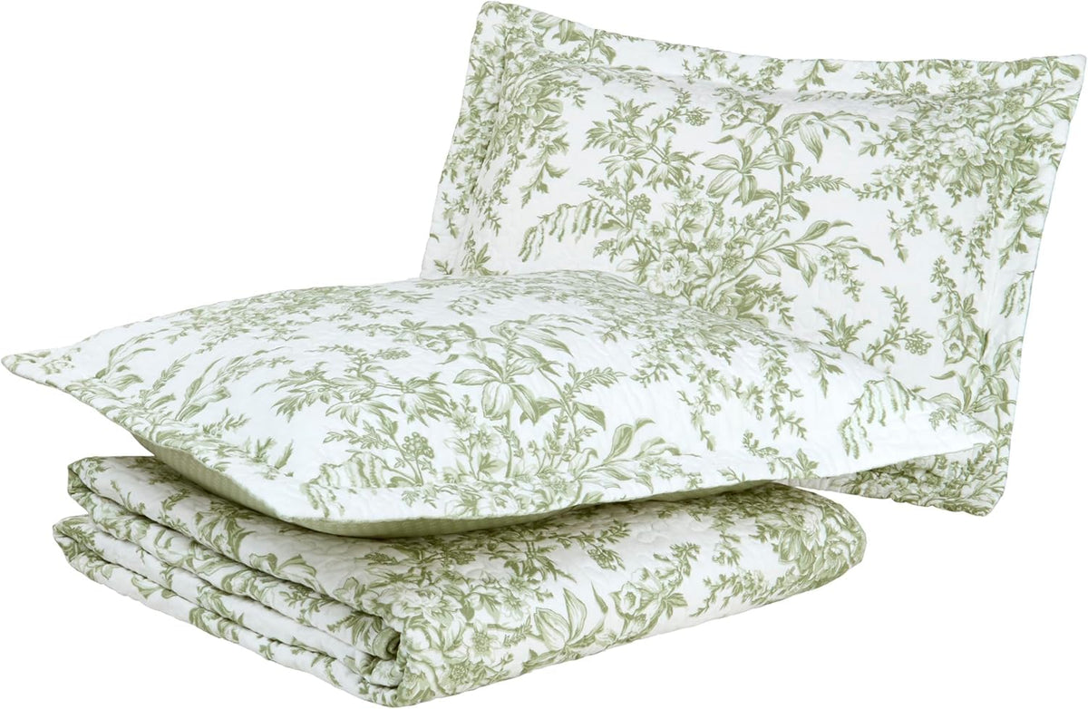 Laura Ashley Queen Quilt Set with Bedford Green reverse and Off-White interior