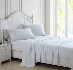 Laura Ashley Ramona Blue king fitted sheet shows deep 15-inch pocket.