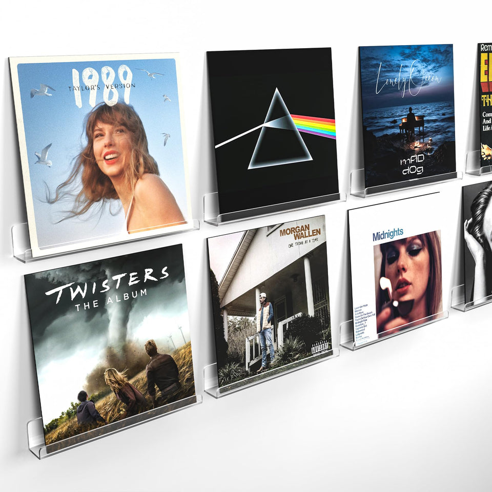 Laurensory vinyl record shelf on wall with clear acrylic display for organized collection.