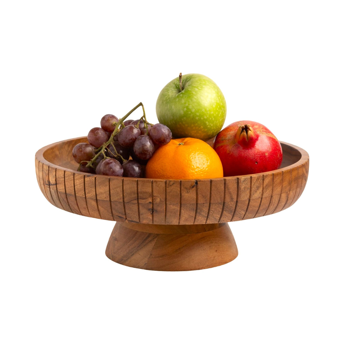 LAVAUK acacia wood pedestal bowl on dining table, natural finish