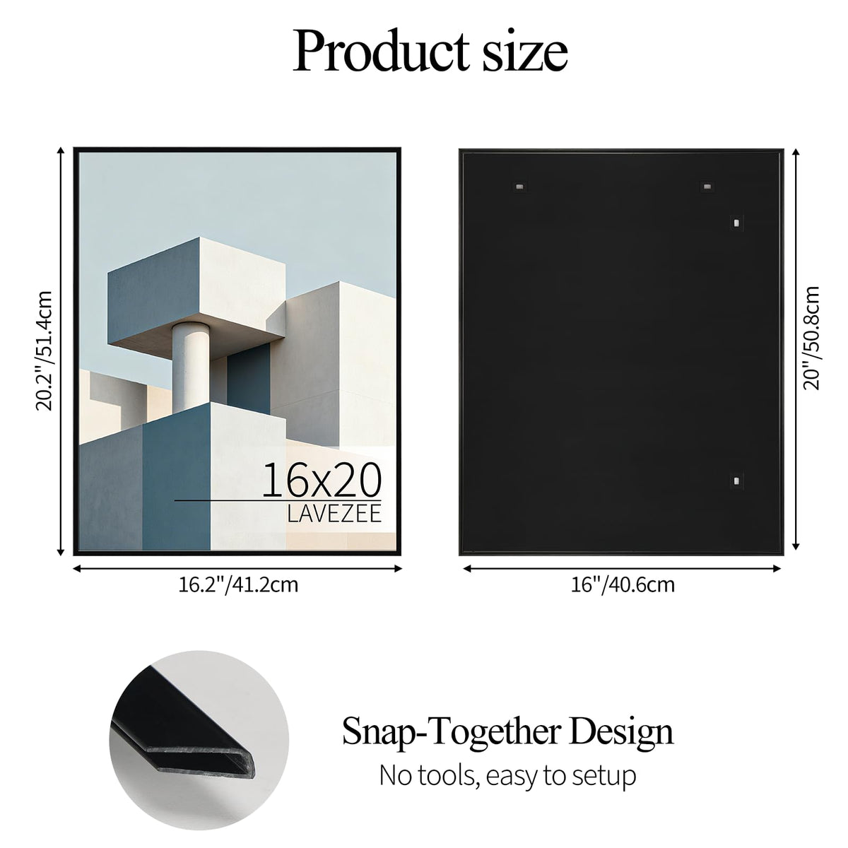 Lavezee 16x20 frame easy-snap assembly enables one-person hanging without tools
