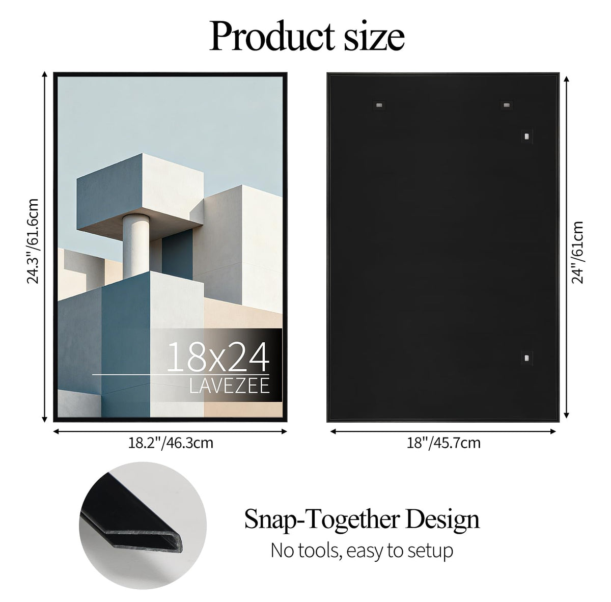 Lavezee 18x24 black frame side view, slim border for modern decor.