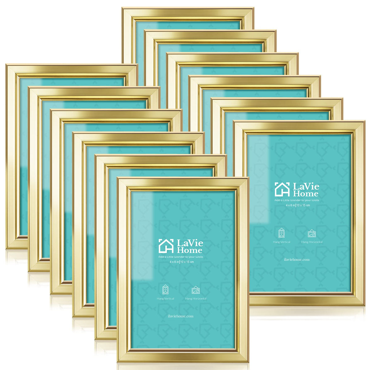 LaVie Home 4x6 gold frame set on wall and table displays photos.