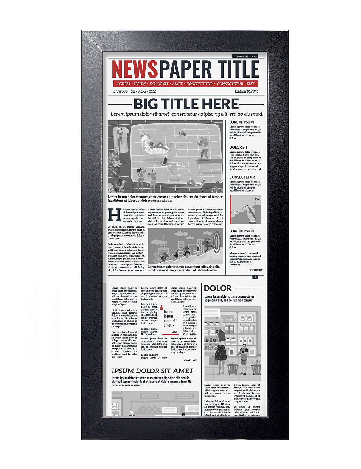 LaVie Home newspaper frame 11x22 front view in black, elegant display option
